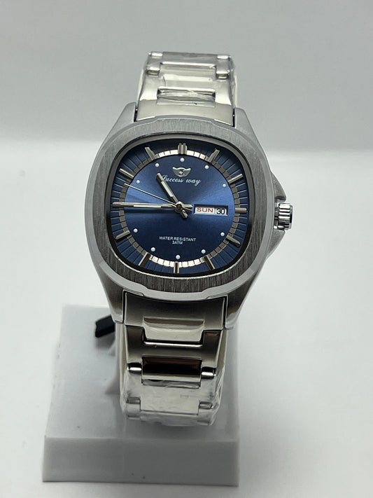 Success Way Stainless Steel Men's Wrist Watch – Blue Dial, Day & Date Display, Water Resistant - LOOKANDLUSH.COM