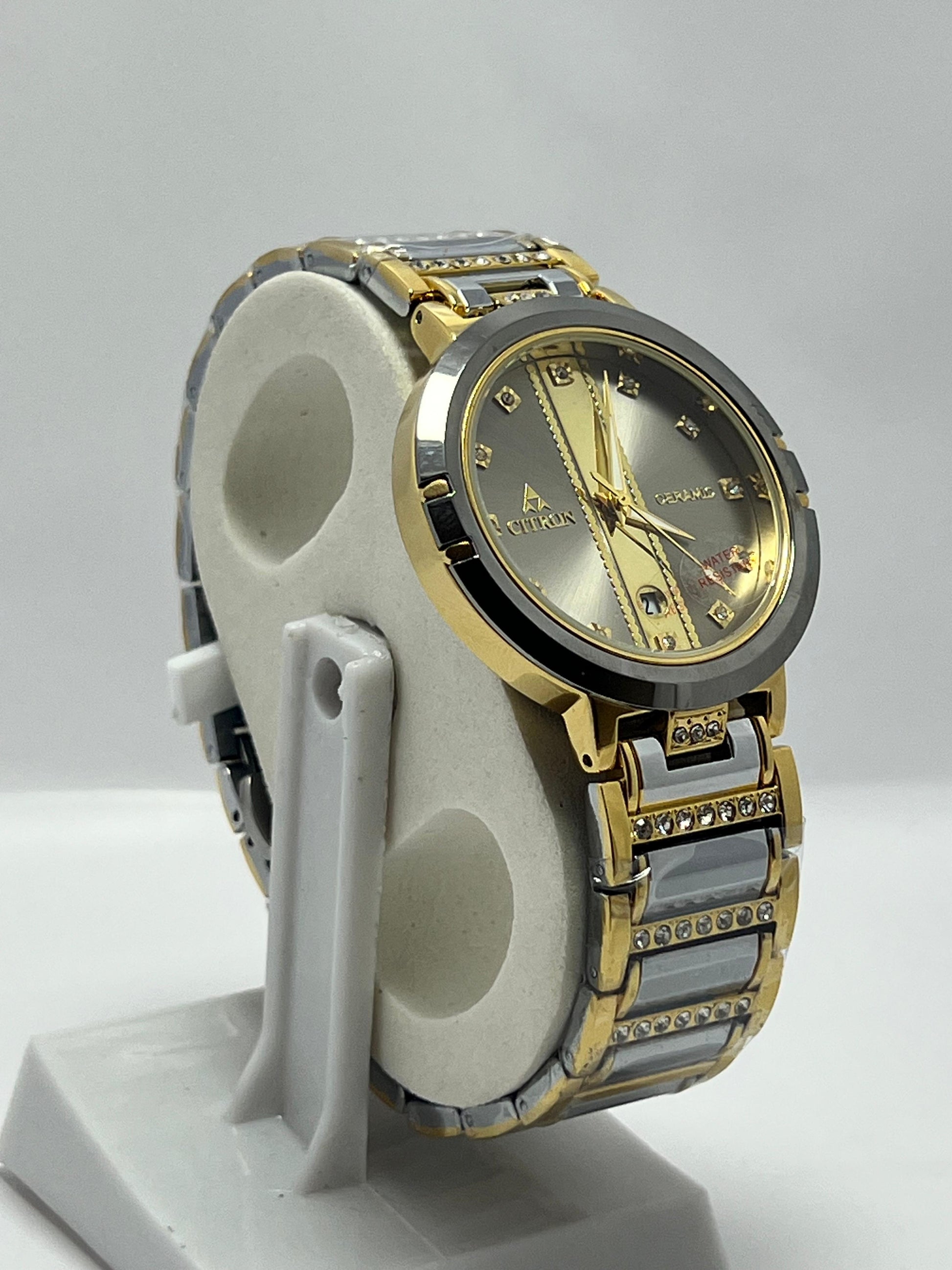 Luxury Citron Ceramic Gold & Silver Wristwatch – Water Resistant, Diamond Accents - LOOKANDLUSH.COM