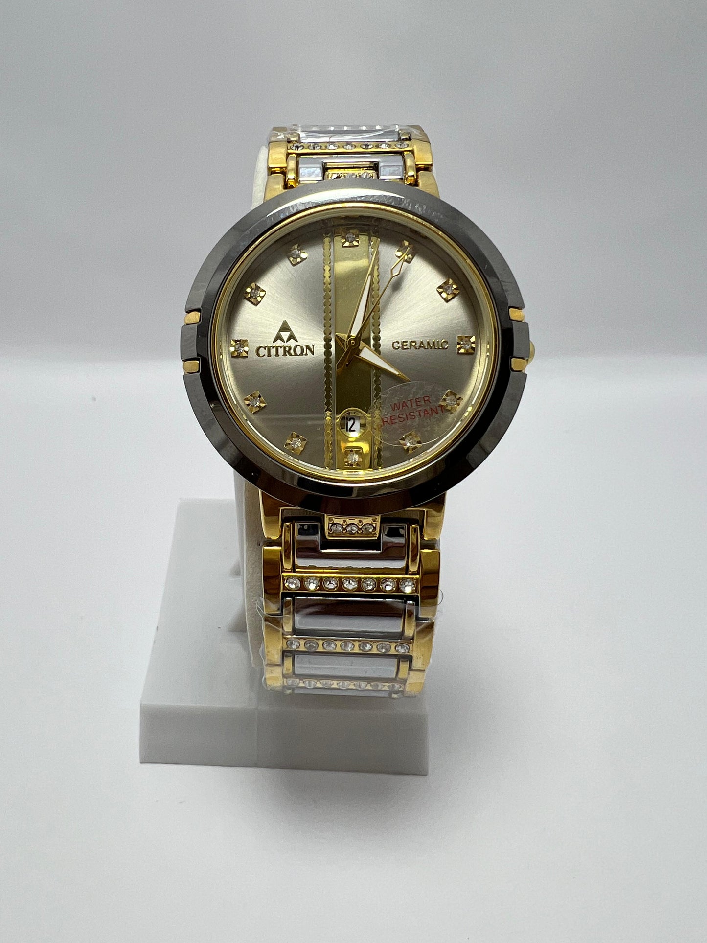 Luxury Citron Ceramic Gold & Silver Wristwatch – Water Resistant, Diamond Accents - LOOKANDLUSH.COM