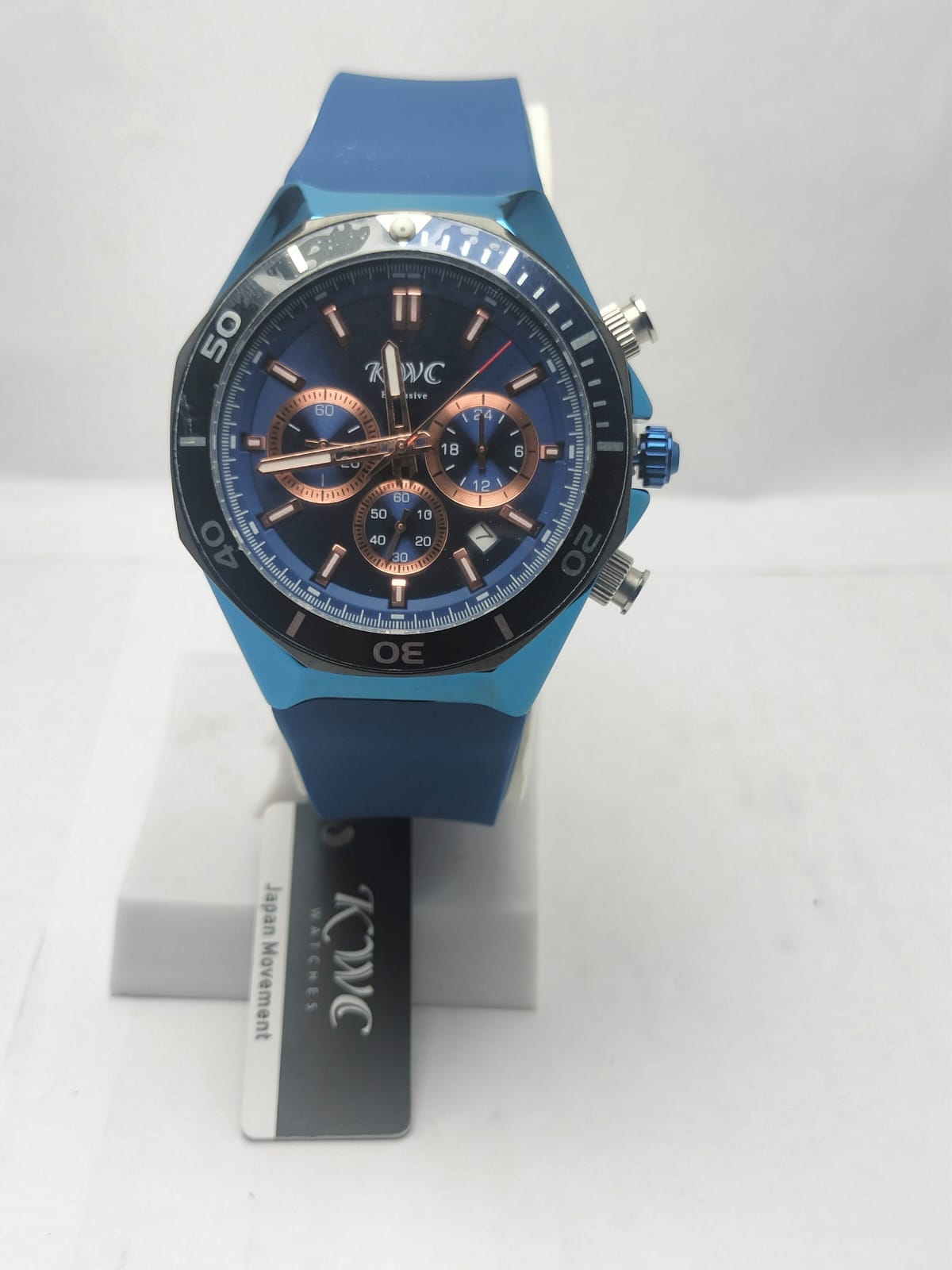 KWC Men’s Luxury Chronograph Watch – Blue Silicone Strap & Rose Gold Dial - LOOKANDLUSH.COM