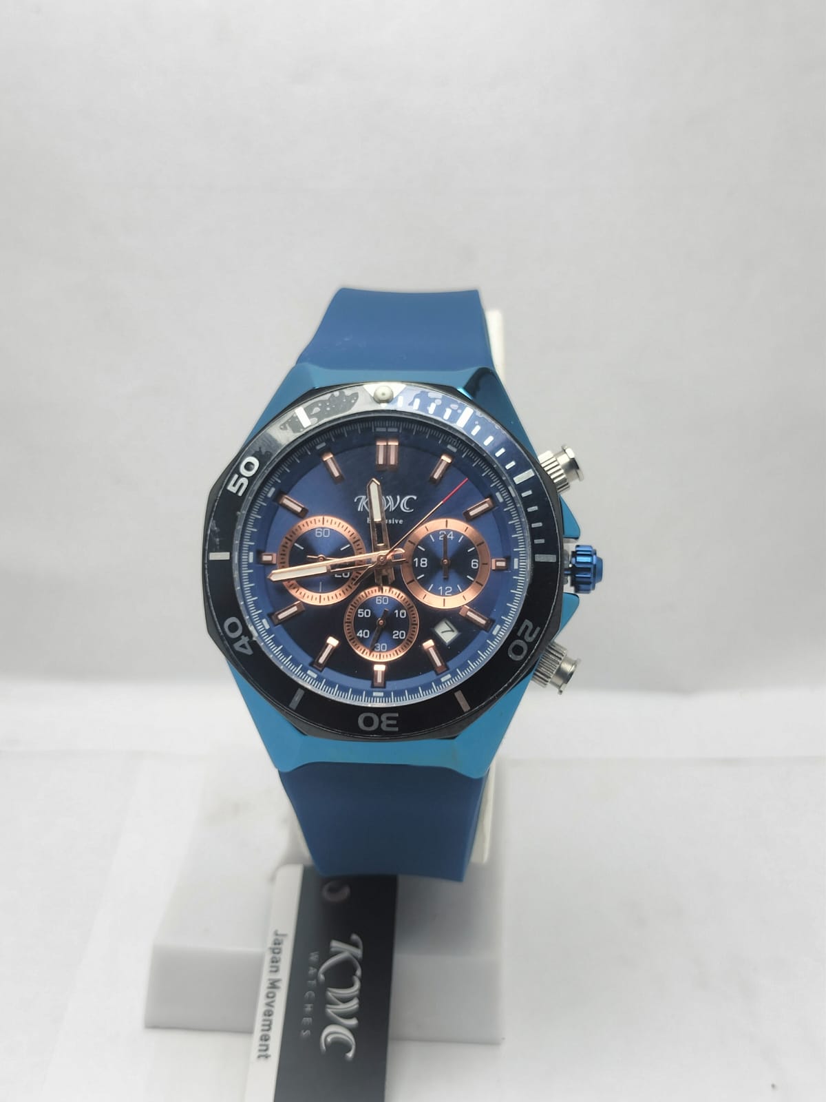 KWC Men’s Luxury Chronograph Watch – Blue Silicone Strap & Rose Gold Dial - LOOKANDLUSH.COM
