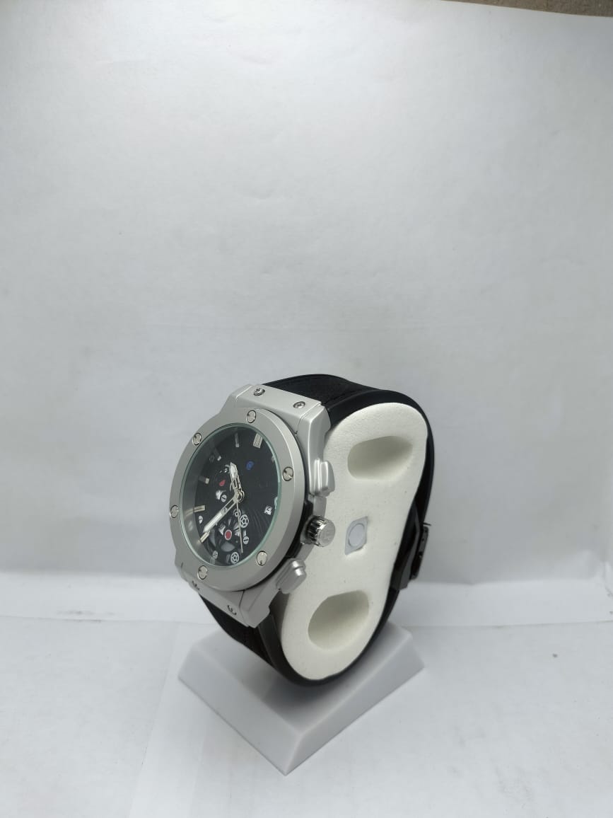 Men’s Luxury Hublot Watch Silver Case with Black Strap - LOOKANDLUSH.COM