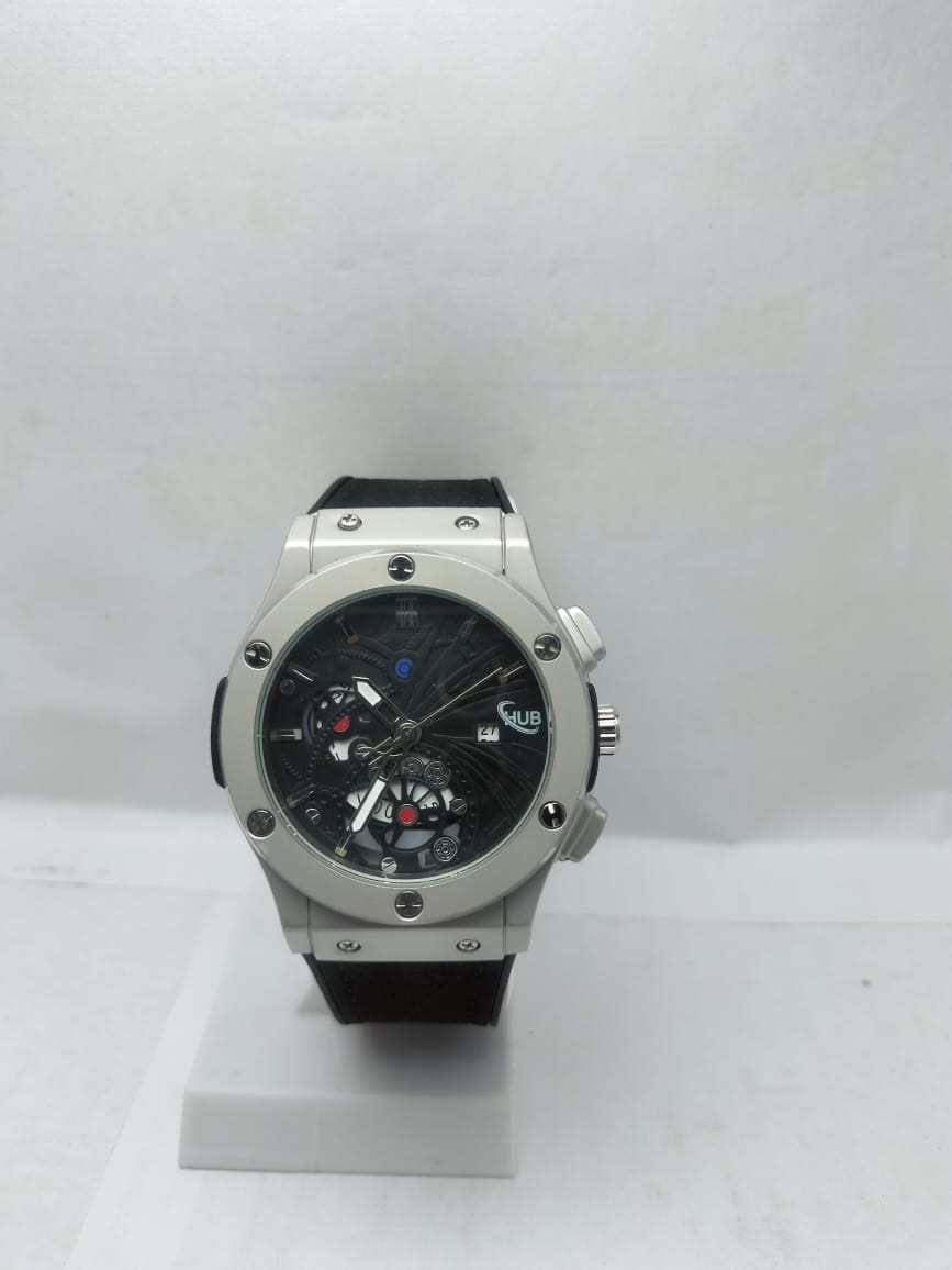 Men’s Luxury Hublot Watch Silver Case with Black Strap - LOOKANDLUSH.COM