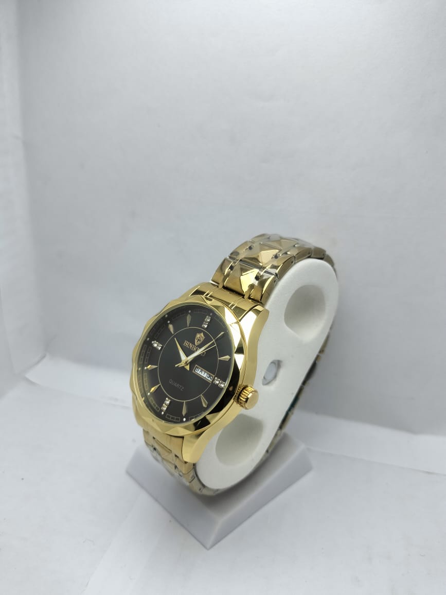 BINBOND Men’s Luxury Gold Quartz Watch – Black Dial with Crystal Markers - LOOKANDLUSH.COM