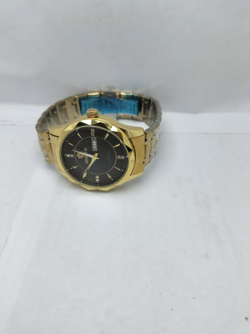 BINBOND Men’s Luxury Gold Quartz Watch – Black Dial with Crystal Markers - LOOKANDLUSH.COM